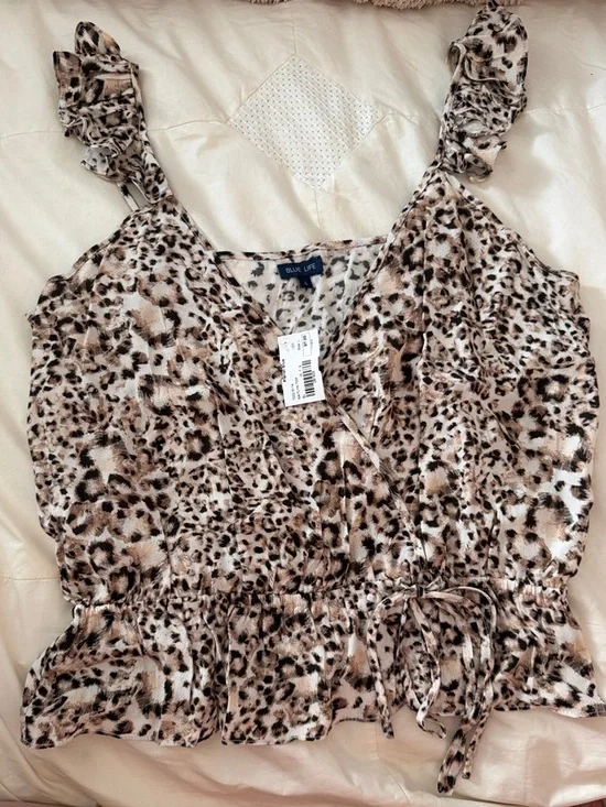 Blue Life Leopard Print Ruffle-Strap Camisole in Beige and Brown - Picture 2 of 6
